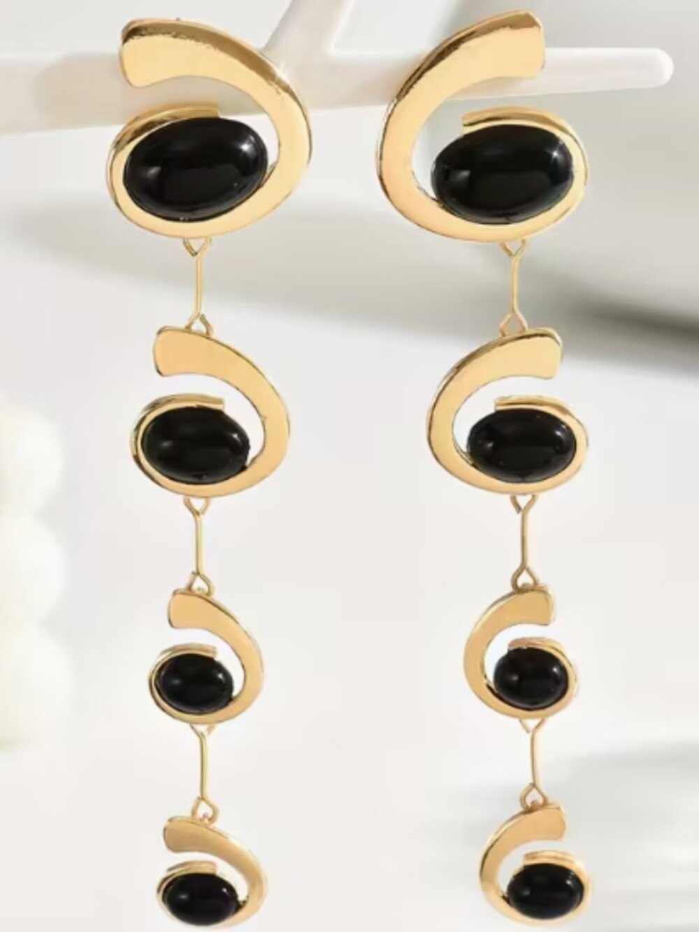 Gold Tone Black Cabochon Long Dangle Statement Earrings Vintage Inspired
